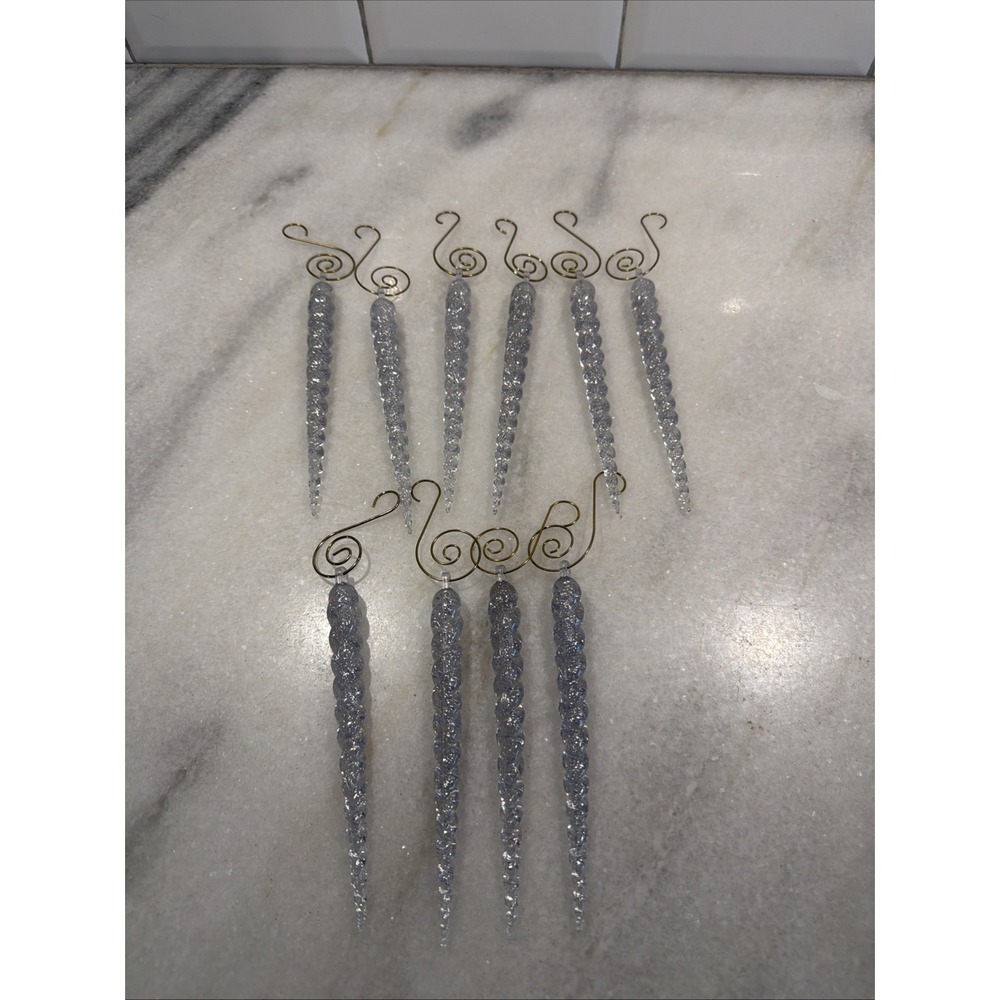 Icicle Ornaments Clear Plastic 5 Inches Long Set of 10 With Gold Ornate Hooks 01